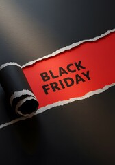 Black Friday, a black torn paper revealing the BLACK FRIDAY in bold black letters on a red background. Top view of Black torn paper and the text black friday on a red background