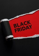 a black torn paper revealing the BLACK FRIDAY in bold black letters on a red background. Top view of Black torn paper and the text black Friday on a red background, Black Friday.