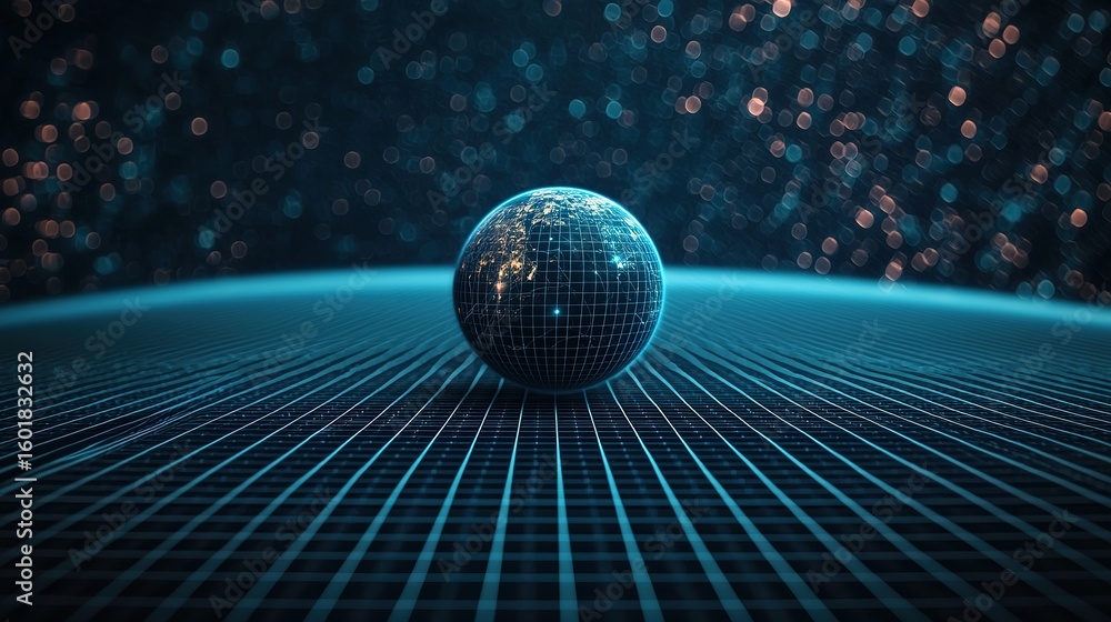 Poster a digital globe with a grid overlay floats above a glowing grid surface, surrounded by bokeh lights,