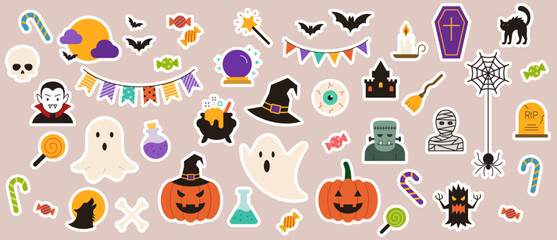 Halloween sticker set. October scary, pumpkin, ghost, candy and more. Elements for invitation, scrapbook, web design, tag and party clipart. Vector illustration.