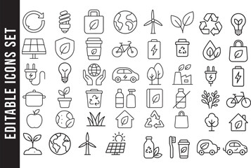 An Editable Set of Black and White Line Art Icons for Environment, Ecology, and Sustainability