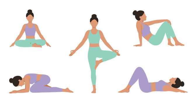A collection of illustrations showing a woman in five different yoga poses for fitness and wellness.