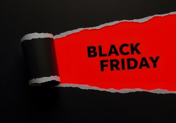 Black Friday composition.  a black torn paper revealing the BLACK FRIDAY in bold black letters on a red background. Top view of Black torn paper and the text black Friday on a red background