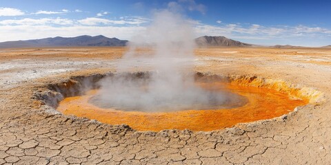 An active geothermal hot spring with mineral deposits and steam in a dry arid landscape with mountains in the background