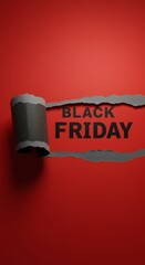 Top view of Black torn paper and the text black friday on a red background. a black torn paper revealing the BLACK FRIDAY in bold black letters on a red background. Black Friday composition.