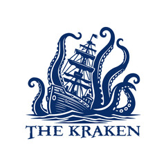 vector logo of a giant octopus sinking old ship
