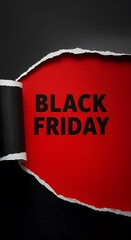 a black torn paper revealing the BLACK FRIDAY in bold black letters on a red background. Top view of Black torn paper and the text black Friday on a red background. Black Friday composition.