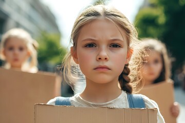 Serious Schoolgirl Holding Protest Sign for Climate Change Demonstration