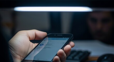 Hand Holding Smartphone Under Bright Light, Dark Background