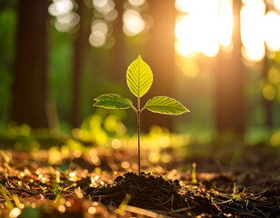 Single Young Tree at Sunset in Blurred Forest
