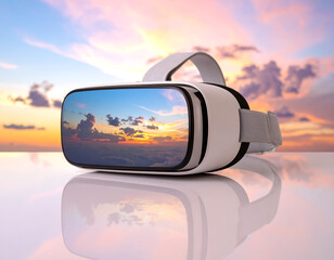 VR Headset on Pastel Surface with Sky Reflection