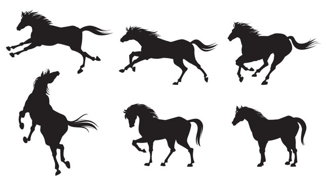 いろいろなポーズの馬のシルエット、午年の年賀状素材