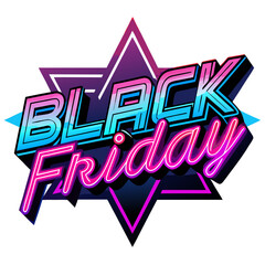 Dynamic Black Friday neon text design with vibrant retro starburst background for sale promotions