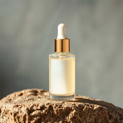 Transparent glass bottle with white pipette stands on stone, yellow background. Cosmetics
