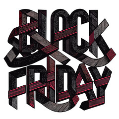Dynamic "Black Friday" text art with textured ribbons creates impactful promotional visuals for sales events.