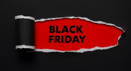 Black Friday, a black torn paper revealing the BLACK FRIDAY in bold black letters on a red background. Top view of Black torn paper and the text black friday on a red background