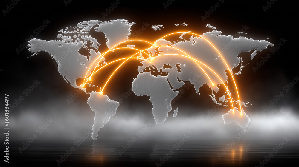 Poster global connections illuminated: a luminous visualization of worldwide connectivity, with glowing pat