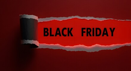 a black torn paper revealing the BLACK FRIDAY in bold black letters on a red background. Top view of Black torn paper and the text black Friday on a red background, Black Friday.