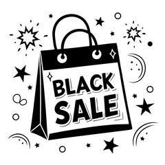 Exciting Black Sale shopping bag with festive stars and bursts announces amazing deals and discounts for shoppers.