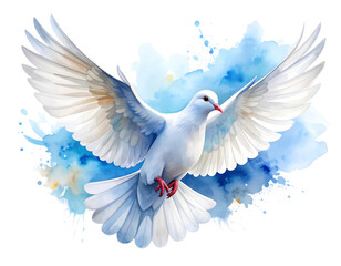 Obraz premium Watercolor white dove in flight with light brush splashes – elegant artistic PNG on transparent background