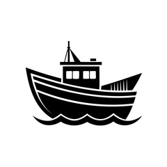 Silhouette a fishing boat on wavy water with mast cabin waves