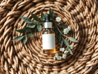 Face serum natural, organic, vegan, moisturizing, close-up view among eucalyptus leaves. Skin care concept

