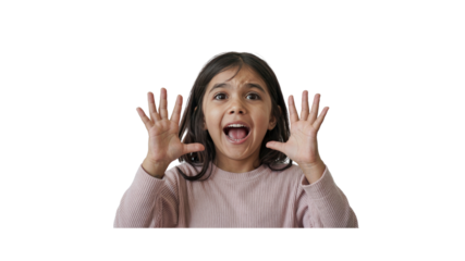 Amazed Little Girl with Open Mouth and Hands Raised