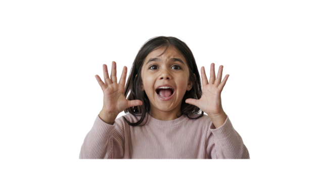 Amazed Little Girl with Open Mouth and Hands Raised