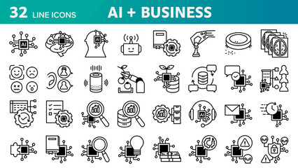 A collection of 32 icons themed around AI technology used in business.