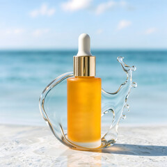 Glass bottle with oil or serum on the background of blue sea. Mockup, copy space.
