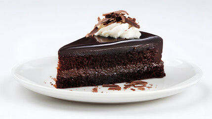 Pristine Chocolate Fudge Cake Slice with Cream and Chocolate Shavings on White Plate in Studio Lighting