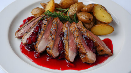 Seared Duck Breast with Cherry Reduction and Roasted Potatoes Garnished with Fresh Herbs and Sauce