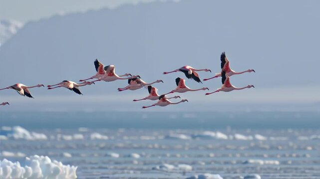 plano cenital de flamencos volando por la nieve entre icebergs