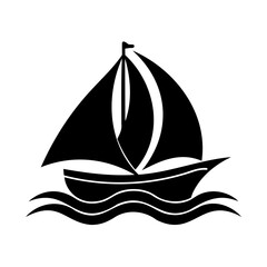 Silhouette a sailboat with sails on wavy water ocean