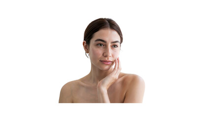Serene Young Woman with Clear Skin, Touching Face, Portrait