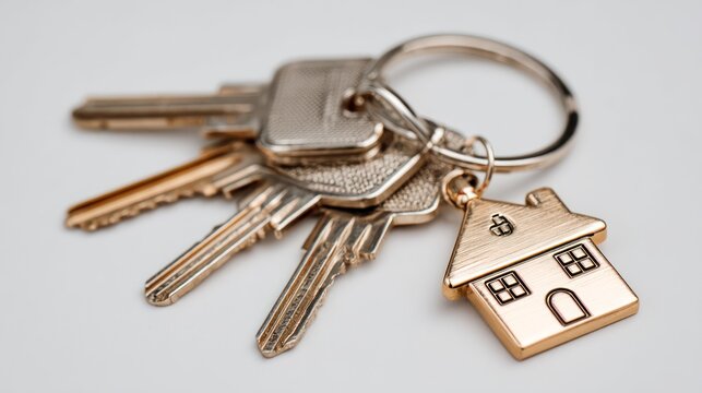 House keys with metallic golden house-shaped keychain, lying flat on clean white background, sharp detail and soft shadows, ideal for real estate branding