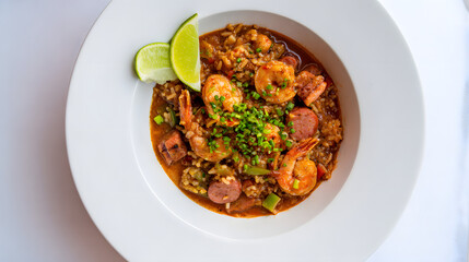 Fototapeta premium Savory Jambalaya Dish with Shrimp, Andouille Sausage, Chicken, Peppers, and Fresh Lime Wedge Garnish