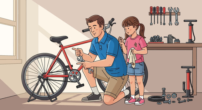 Father and daughter happily repair bicycle together in garage workshop bonding over DIY project