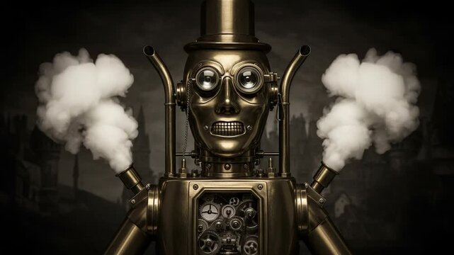 Steampunk Robot with Steam Effects in Dark Background