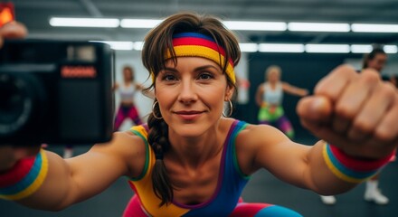 Retro Fitness Woman Taking Selfie in Gym, 80s Style.
