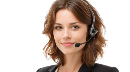 Support service agent with brown hair and headset, slightly angled face, subtle smile, formal office outfit, isolated on white background, ideal for customer service ads