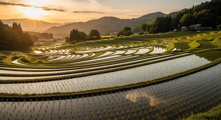 Scenic Japanese Rice Terraces at Sunset, Mountain View.