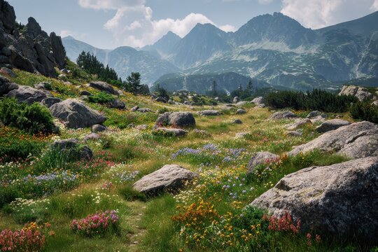 Flowery valleys among rocky peaks in the high mountains