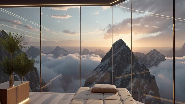 Ultra-luxury walk-in closet in a futuristic cliffside glass mansion, surrounded by panoramic cloud-wrapped glass walls with misty mountain views, glowing golden sunrise light streaming through, sleek