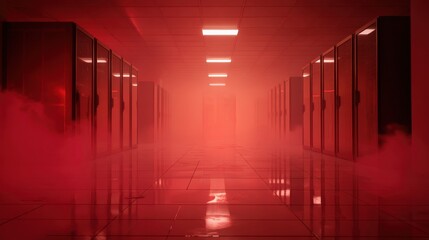 Fototapeta premium Minimal Server Room Scene – Red Alert and Emergency Fog