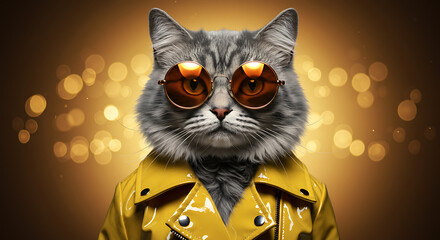 A stylish long-haired grey cat wears a yellow jacket and round sunglasses against a golden bokeh background.