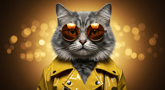 A stylish long-haired grey cat wears a yellow jacket and round sunglasses against a golden bokeh background.