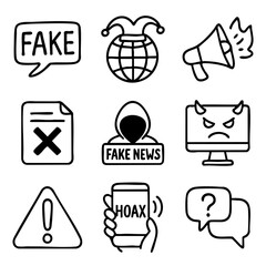A set of doodle line icons illustrating fake news, hoaxes, misinformation, alerts, online deception, media distortion, and false reporting