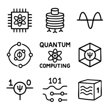 A set of doodle line icons illustrating quantum computing concepts like qubits, superposition, circuits, entanglement, processors, and atomic models