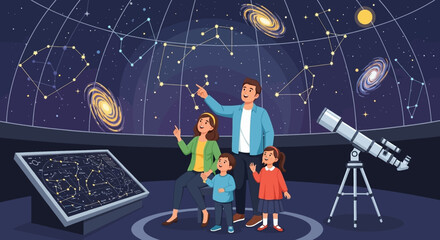 Family exploring the cosmos together at planetarium show with telescope and constellations